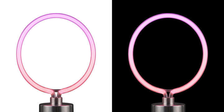 Glowing pink circular neon lamp isolated on transparent background