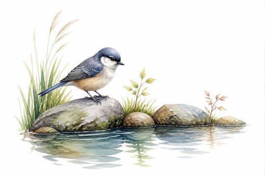 Watercolor bird perches calmly on mossy stone. Soft reeds sway beside gentle ripple water. Tiny bird gazes thoughtfully toward the horizon. Natural tranquility captured in delicate brushstrokes
