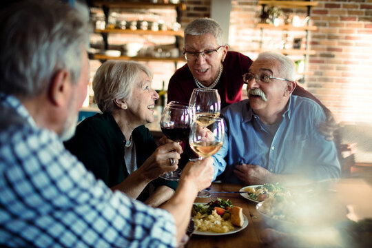 Happy senior friends toasting with wine at home dinner