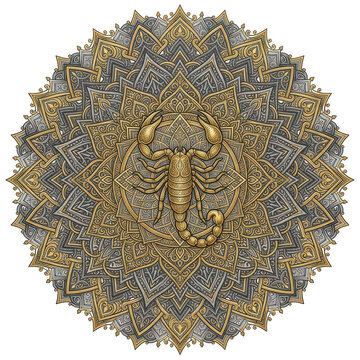 Intricate golden scorpion zodiac symbol centered on a detailed circular mandala pattern with metallic gold and silver textures isolated on a transparent background