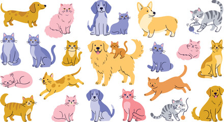 Obraz premium Cute cats and dogs, pets set. Abstract feline and canine breeds, funny colored characters. Furry big and small puppies, kitties in doodle style. Flat vector illustrations isolated on white background