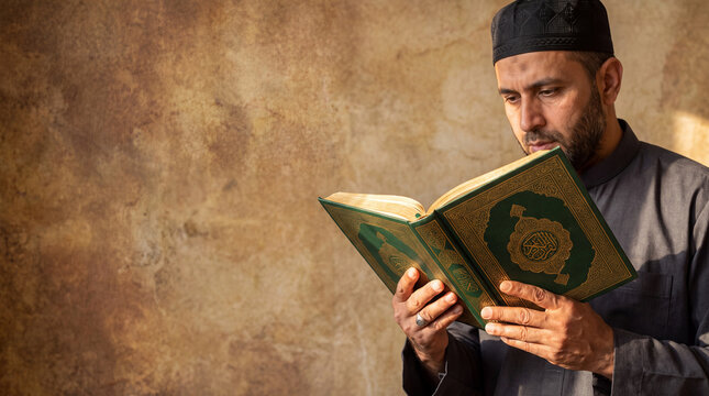 Muslim man wearing a traditional kufi cap reading the holy Quran against a rustic textured background for Islam