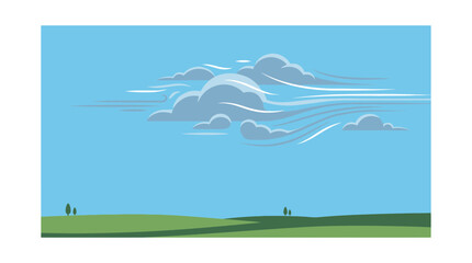 Fototapeta premium Minimalist Vector Landscape With Clouds Over Green Field