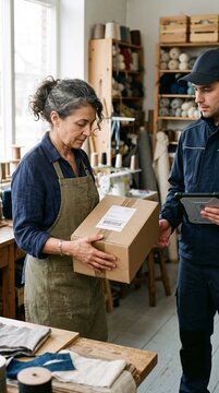 Delivery person receives package from artisan in workshop