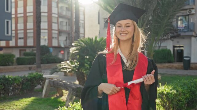 Woman holding diploma and smiling while wearing mortarboard and red stole in building; pride achievement.