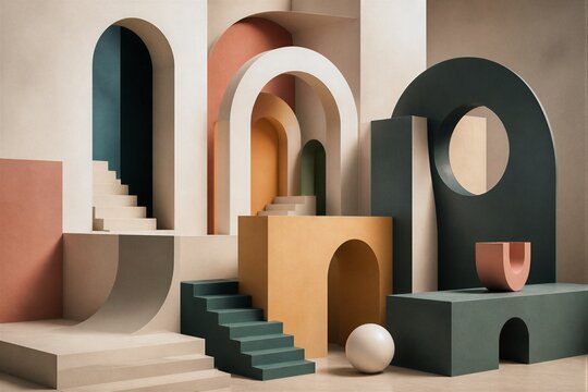 Geometric arches form a tranquil, modern composition. Soft earth tones unify curved structures and stairways. Smooth surfaces reflect calm, minimalist design principles