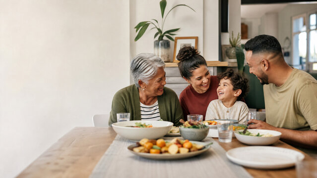 Happy Three Generations Family Enjoying Healthy Meal Together Around Dining Table at Home