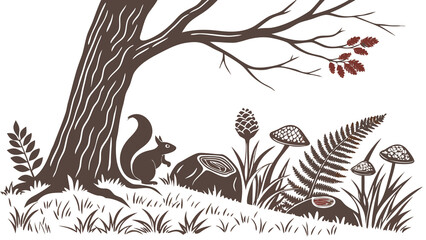 Naklejka premium Birds Perched on Tree with Grass, Flowers and Butterfly, Nature Wildlife Vector Illustration with Floral and Tribal Decorative Elements