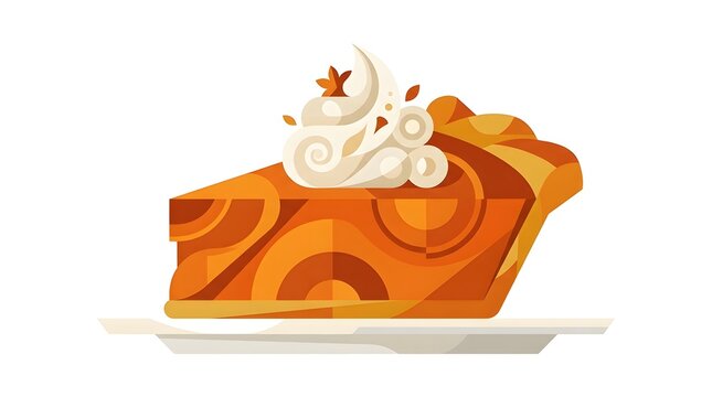 Flat vector illustration of a slice of pumpkin pie with whipped cream on a plate