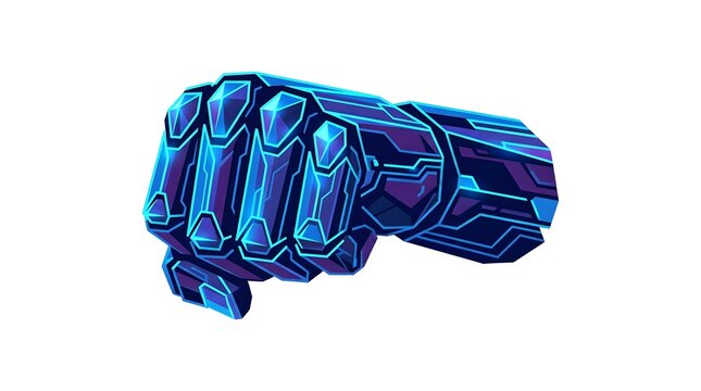 Futuristic cybernetic power fist with glowing blue energy neon light on white background