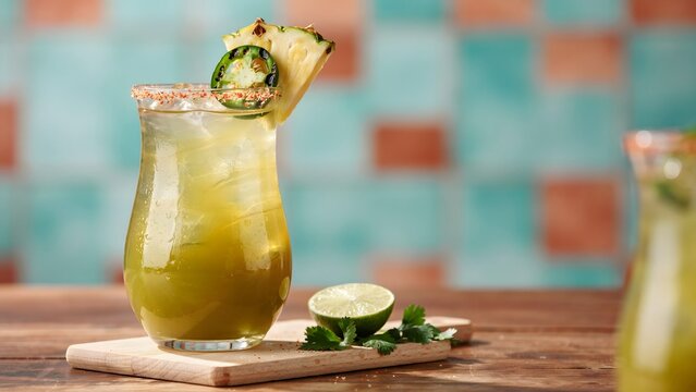Refreshing Green Cocktail with Pineapple Slice and Lime Garnish
