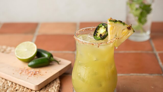 Refreshing Spicy Pineapple Cocktail with Lime and Jalape&ntilde;o Garnish