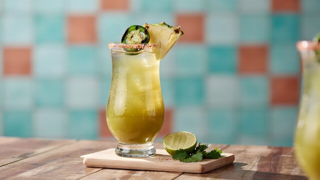 Refreshing Green Cocktail with Lime and Pineapple on Wooden Table
