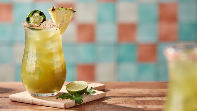 Refreshing Green Cocktail with Pineapple and Lime Garnish on Wood
