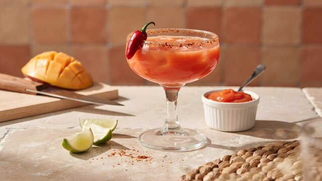 Refreshing Spicy Mango Cocktail with Lime and Chili on Stone Table