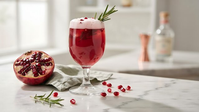 Refreshing Pomegranate Mocktail with Rosemary Garnish on Marble Surface