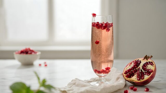 Refreshing Pomegranate Sparkling Drink with Garnish and Natural Light
