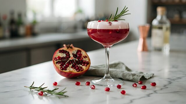 Elegant Cocktail with Pomegranate and Rosemary Garnish on Marble Table