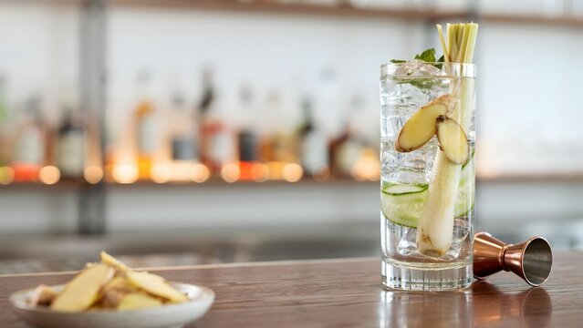 Refreshing Ginger and Lemongrass Drink with Ice and Mint Leaves