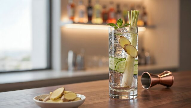 Refreshing Ginger and Cucumber Cocktail on Wooden Bar Counter