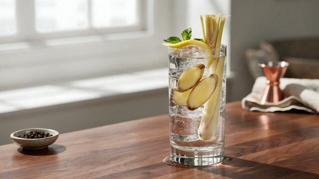 Refreshing Ginger Lemon Drink in Clear Glass on Wooden Countertop