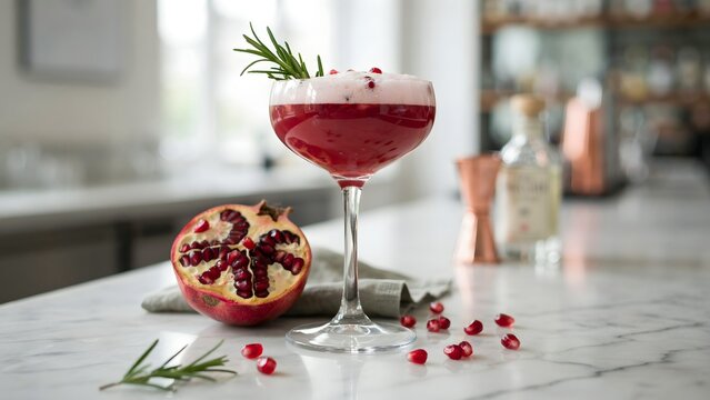 Refreshing Pomegranate Cocktail with Garnish and Ingredients Display