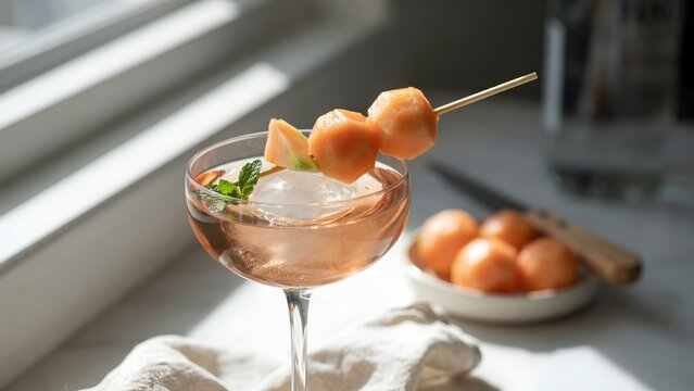 Refreshing Melon Cocktail with Garnish and Ice in Elegant Glass