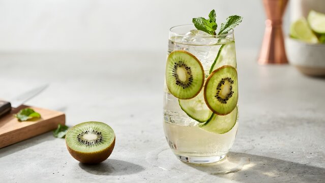 Refreshing Kiwi Mint Cocktail with Ice and Fresh Green Garnish