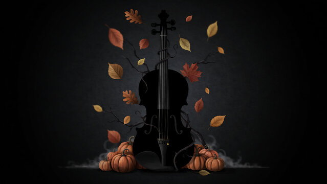 A black violin silhouette stands upright surrounded by swirling autumn leaves and small pumpkins on a dark background, with a touch, of mysterious fog