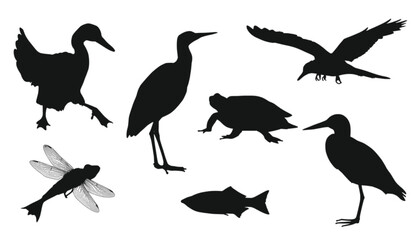 Fototapeta premium A collection of animal silhouettes including birds, a turtle, a fish, and a dragonfly on a white background