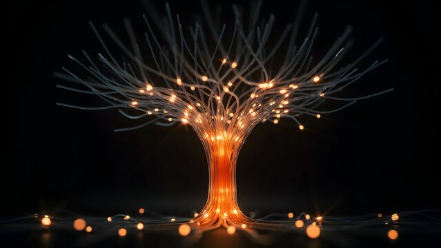 Illuminated Tree with Glowing Lights on Dark Background