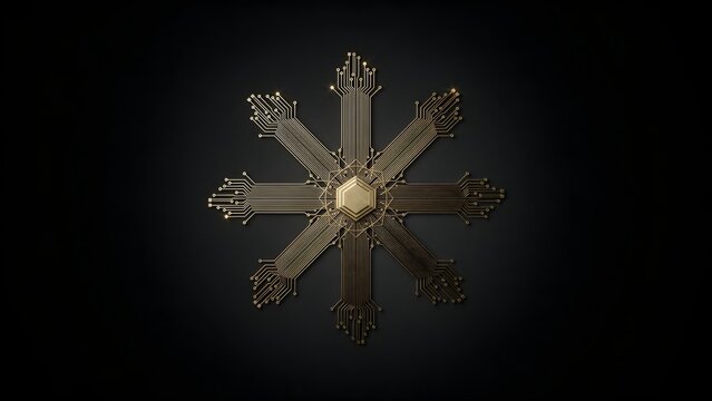 Golden Snowflake Design with Circuit Patterns on Dark Background
