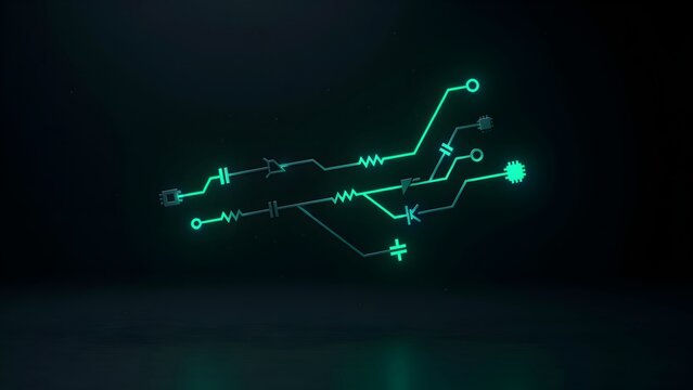 Circuit Board Model with Neon Glow and Dark Background