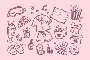 Fototapeta na wymiar Sleepover Essentials Doodle Set Vector Illustration