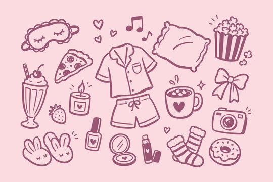Sleepover Essentials Doodle Set Vector Illustration