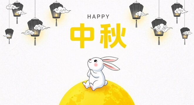 Cute white rabbit sitting on a yellow moon with hanging lanterns and chinese characters for midautumn festival celebration