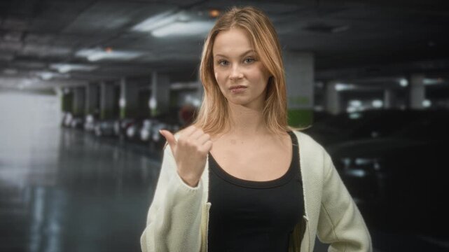 Woman points thumb to parked cars in dim underground parking building, wearing black tanktop and light cardigan with an unimpressed look; skeptical doubt.