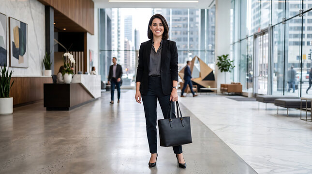 Confident businesswoman with black leather tote bag in modern corporate office lobby, executive career concept
