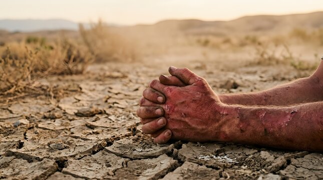 Hands praying over dry cracked earth representing drought and climate change crisis