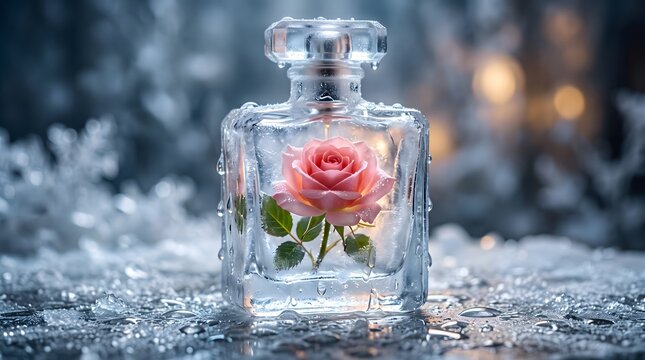 Elegant perfume bottle with pink rose inside, luxury glass fragrance container on frozen winter ice, floral scent concept