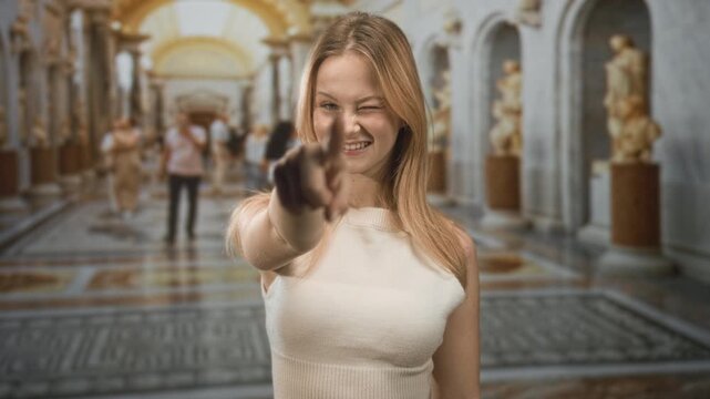 Young woman points finger and winks in a museum hall with marble floor and statues; playful confidence invitation.