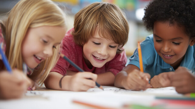 Diverse elementary school children drawing together at a classroom table, showing creativity, collaborative learning, teamwork, education, friendship and childhood development.
