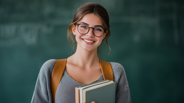 Smiling female student wearing glasses and a backpack while holding books in front of a classroom chalkboard, representing education, academic success, learning and school life.