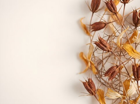 Dried botanical flowers on beige background, autumn floral border, boho decor