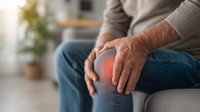 Close-up of a person holding a painful knee while seated, representing knee arthritis, joint inflammation, chronic pain, musculoskeletal disorders, and orthopedic healthcare.
