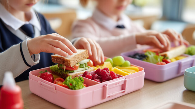Schoolchildren preparing and eating colorful healthy lunches in reusable lunchboxes, featuring sandwiches and fresh fruit, promoting balanced nutrition, healthy habits and school meal preparation.