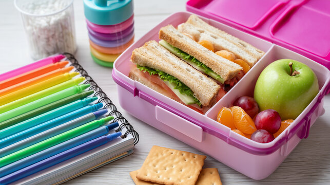 Colorful children's lunchbox filled with sandwiches and fresh fruit beside pencils and school supplies, representing healthy school meals, nutrition, education and back to school preparation.