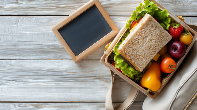 Healthy packed school lunch with a sandwich, fresh vegetables and fruit in a reusable lunchbox on a wooden table, with copy space for back to school and nutrition concepts.