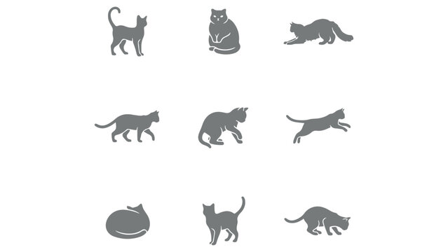 Assortment of cat silhouettes in multiple poses and types on white background.