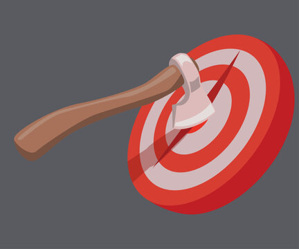 Axe hitting the center of target board vector illustration, axe throwing sport concept, business goal success, accuracy, and achievement symbol